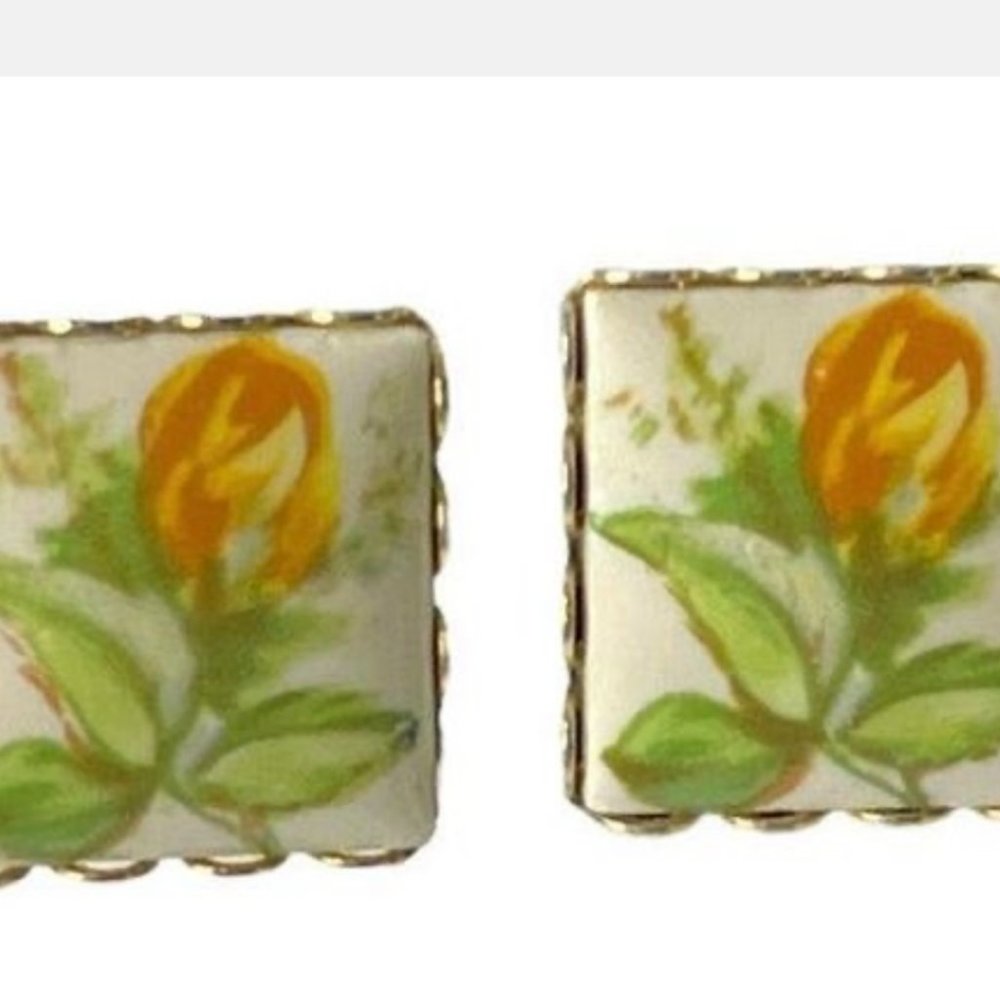 Beautiful Hand Painted Vintage Clip On Earrings Yellow Rose Buds